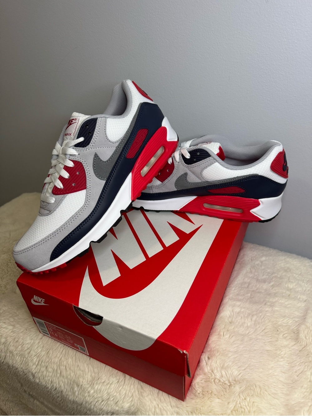 Nike Air Max 90 Sneakers in White, Gray & Red